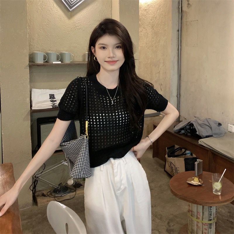 Vogue🌟พร้อมส่ง🌟 เสื้อถักไหมพรมแขนสั้น ซีทรูเบาๆสไตล์เกาหลีมาก (99025/99025-1-C) -N
