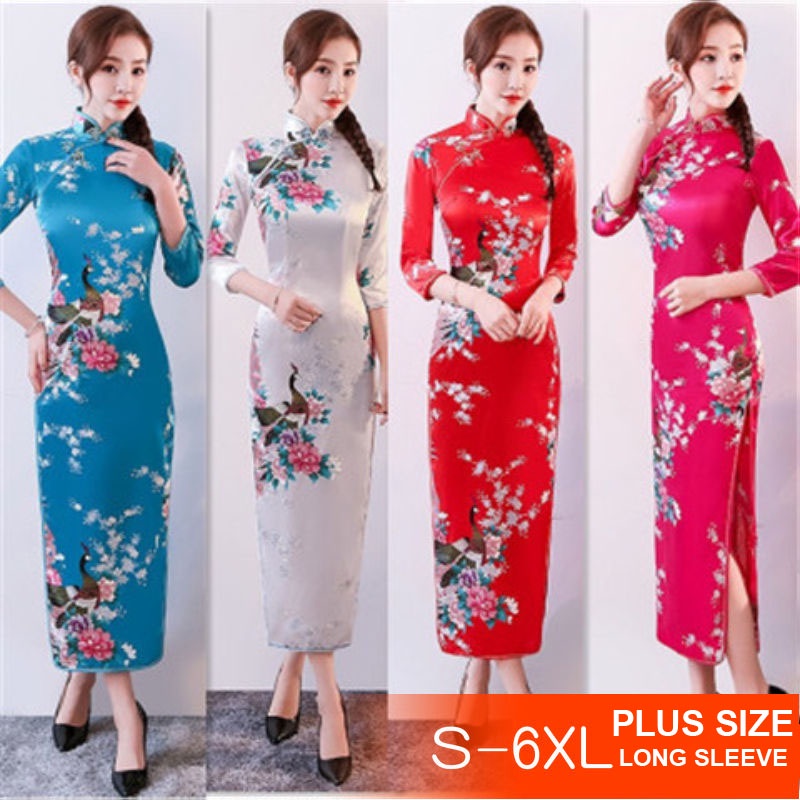 ชุดเดรสกี่เพ้ายาว แขนกลาง สไตล์จีน พลัสไซซ์ S-6XL สําหรับผู้หญิง 0014