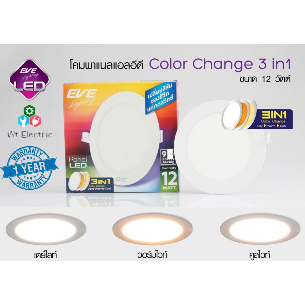 ดาวไลท์ LED EVE PANEL LIGHT 3IN1 12W ขนาดรูเจาะ 6นิ้ว เปิดได้ 3 แสง ขาว วอร์มไวท์ ตูลไวท์