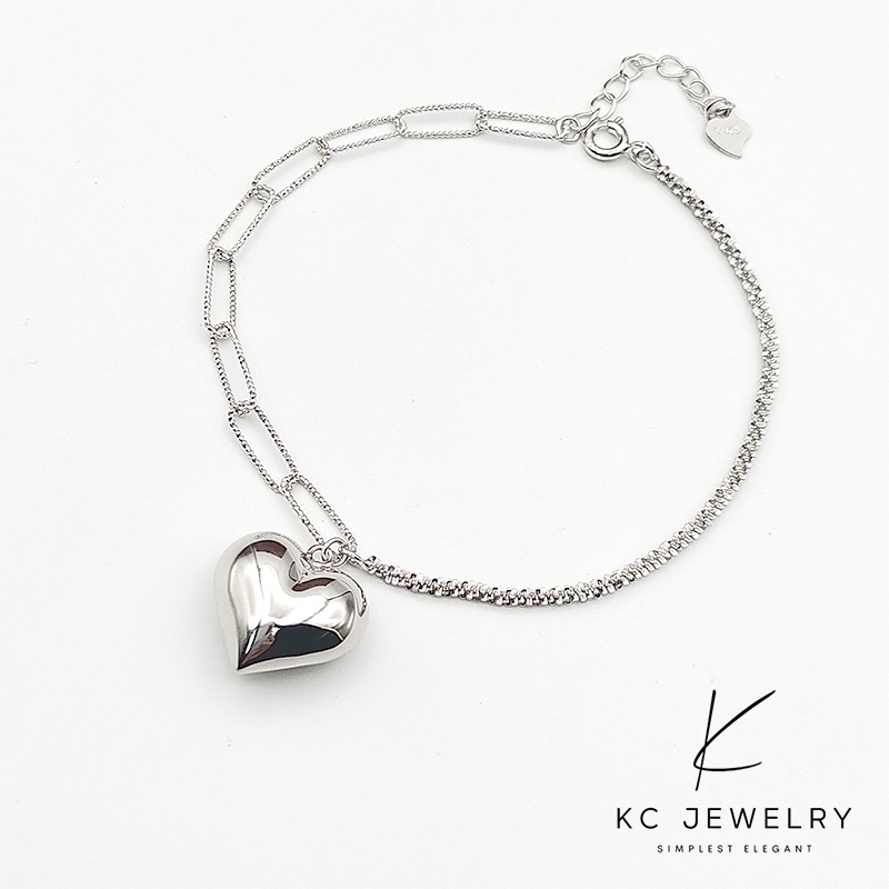 KC Jewelry S925 White Gold Plated Mix Love Bracelet/Gelang Cinta Campuran Emas Putih 925 Perak Tulen