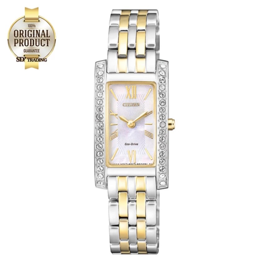 CITIZEN Eco-Drive Crystal Ladies Watch Stainless Strap 4เหลี่ยม รุ่น EX1474-85D - 2กษัตริย์ Silver/Gold - Pearl