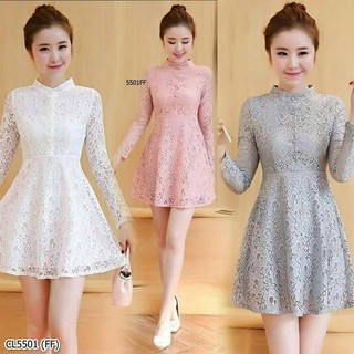 Dress เดรสสั้นลูกไม้คอจีนแขนยาว