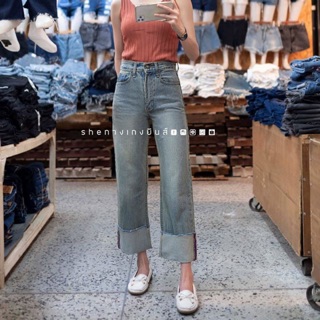 กางเกงยีนส์เอวสูงกระบอกใหญ่ V i n t a g e พับขา
งานป้าย Oops Jeans ⁣⁣⁣⁣