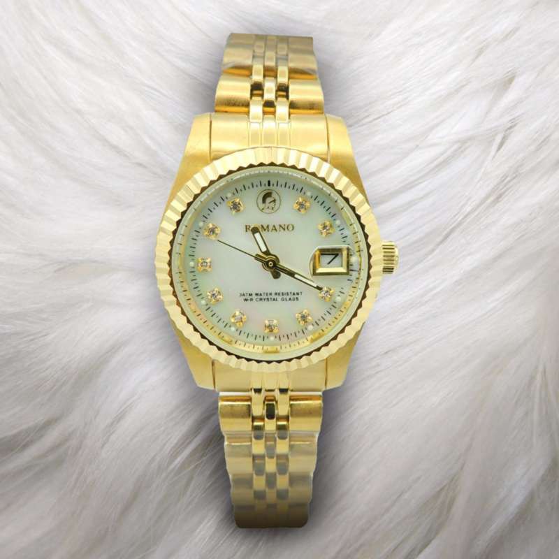 ROMANOนาฬิกาข้อมือผู้หญิงSTAINLESSสีทอง รุ่นหน้าขาวมุกขอบหยักทอง