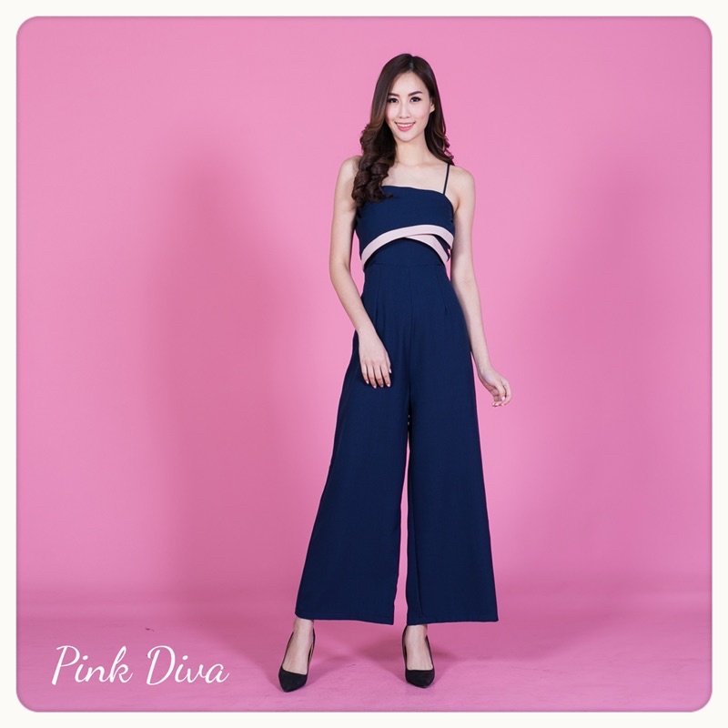 จั้มสูทขายาว Lylajumpsuit#PK4 jumpsuit ออกงาน จั้มสูทสายเดี่ยว ทูโทน by Pink Diva