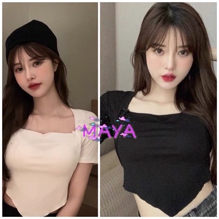 MAYA🌸พร้อมส่ง🌸เสื้อครอป คอเหลี่ยมแขนสั้น เซ็กซี่ขยี้ใจ เนื้อผ้าใส่สบาย(943)