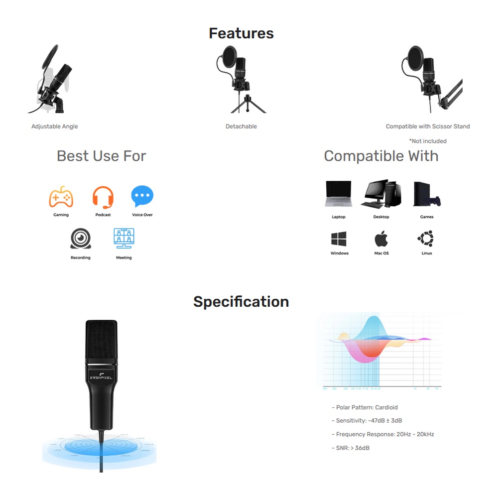 Ergopixel Condenser Microphone With Tripod Black (EPMP0002) เออร์โก