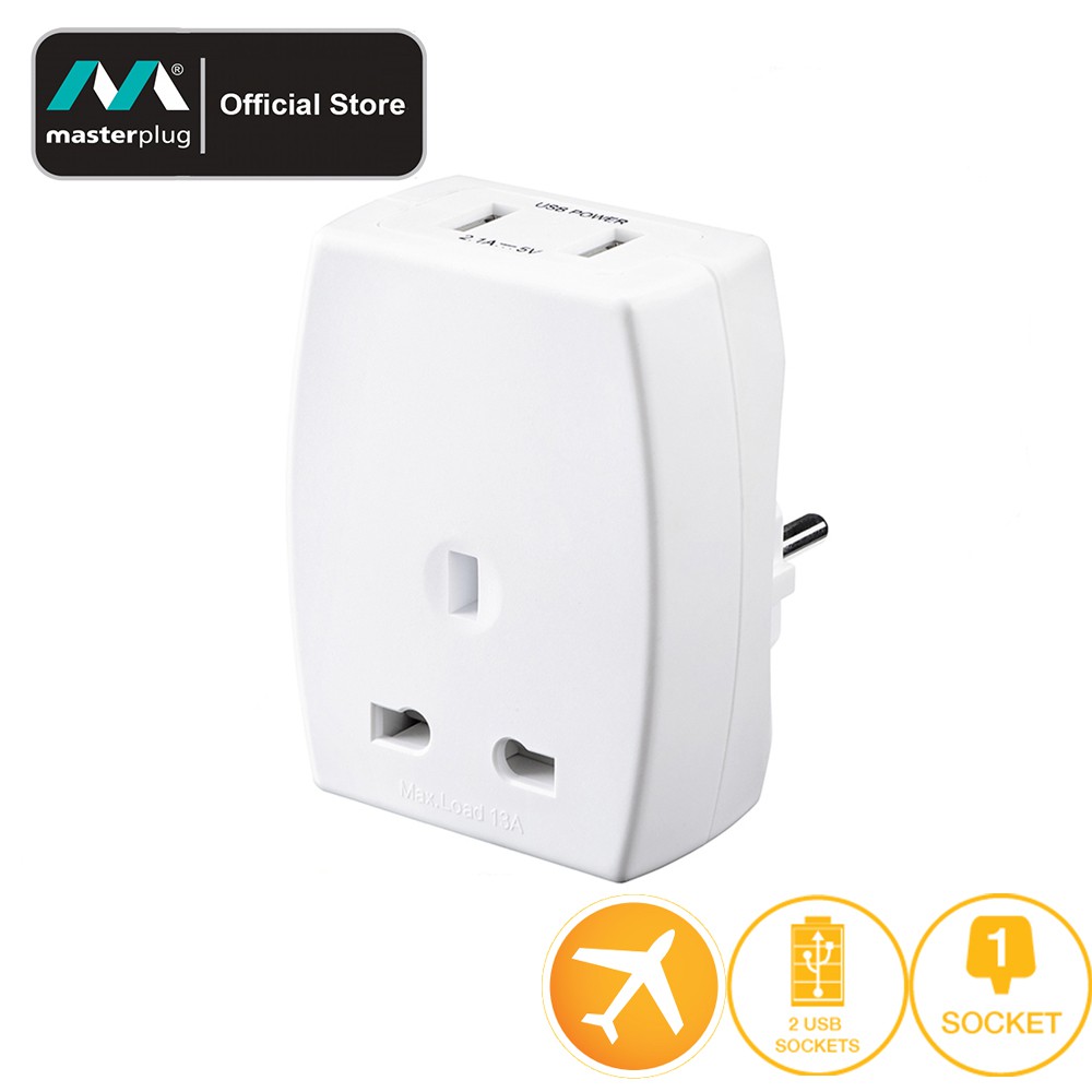 Masterplug Travel Adaptor พร้อม 2 USB 2.1A UK To Europe TAUSBEUR2-MPA
