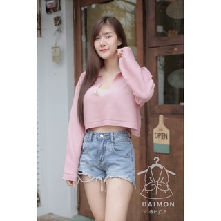 Baimon Shop -เสื้อครอปเว้าหน้า คอปก ผ้าไหมพร,