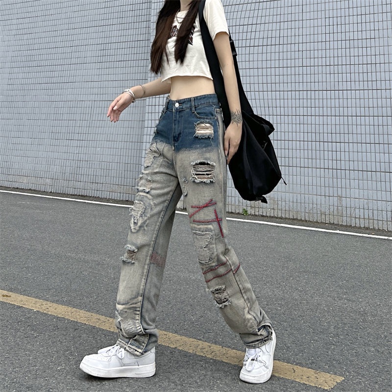 ยุโรปอเมริกัน High Street Patch Ripped กางเกงยีนส์ Street สวมใส่ออกแบบ Niche กางเกงขายาว Fried Stree