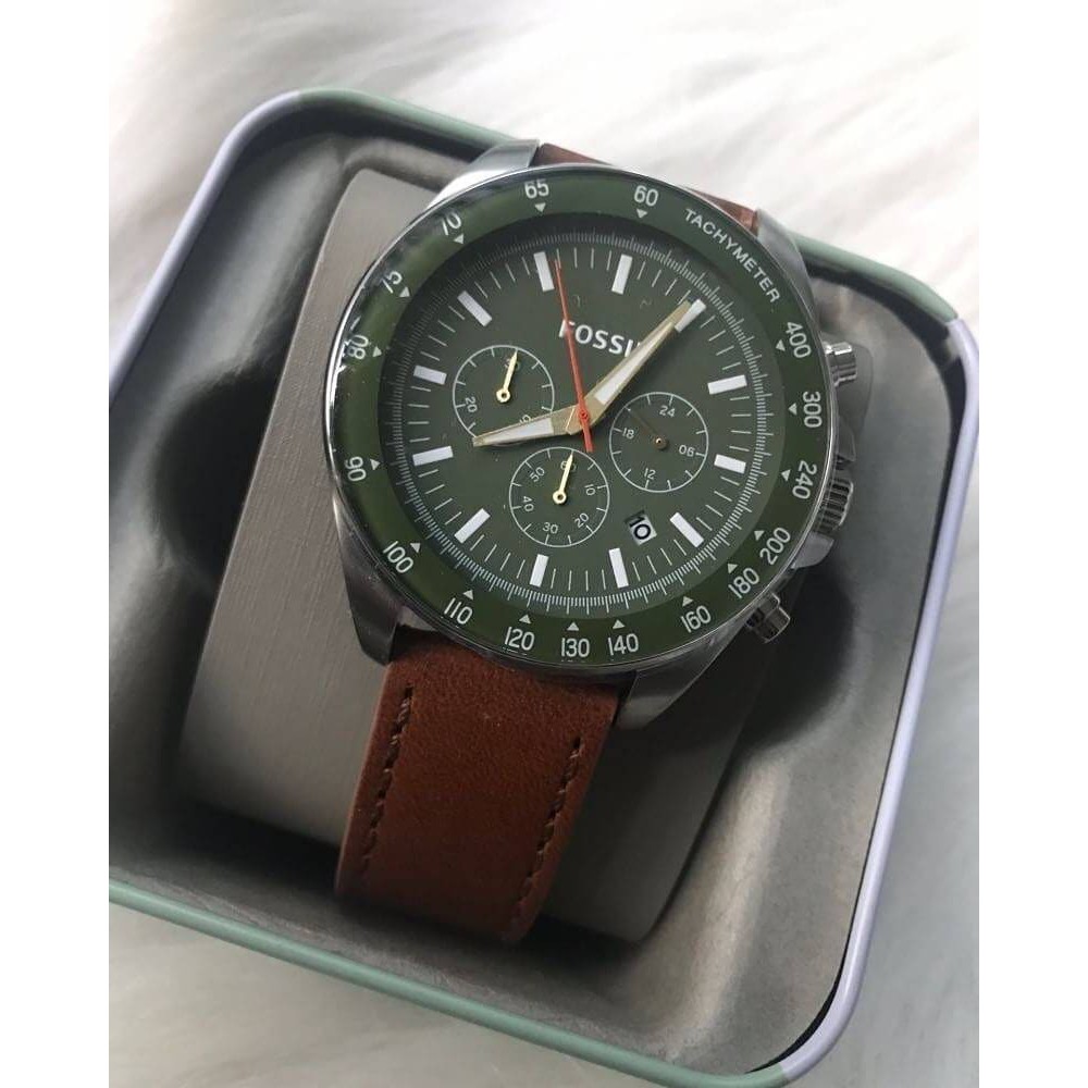 พร้อมส่ง นาฬิกาข้อมือผู้ชาย Fossil #BQ2267 Chronograph Tachymeter Green Dial, Brown Leather Men Watch สีเขียว