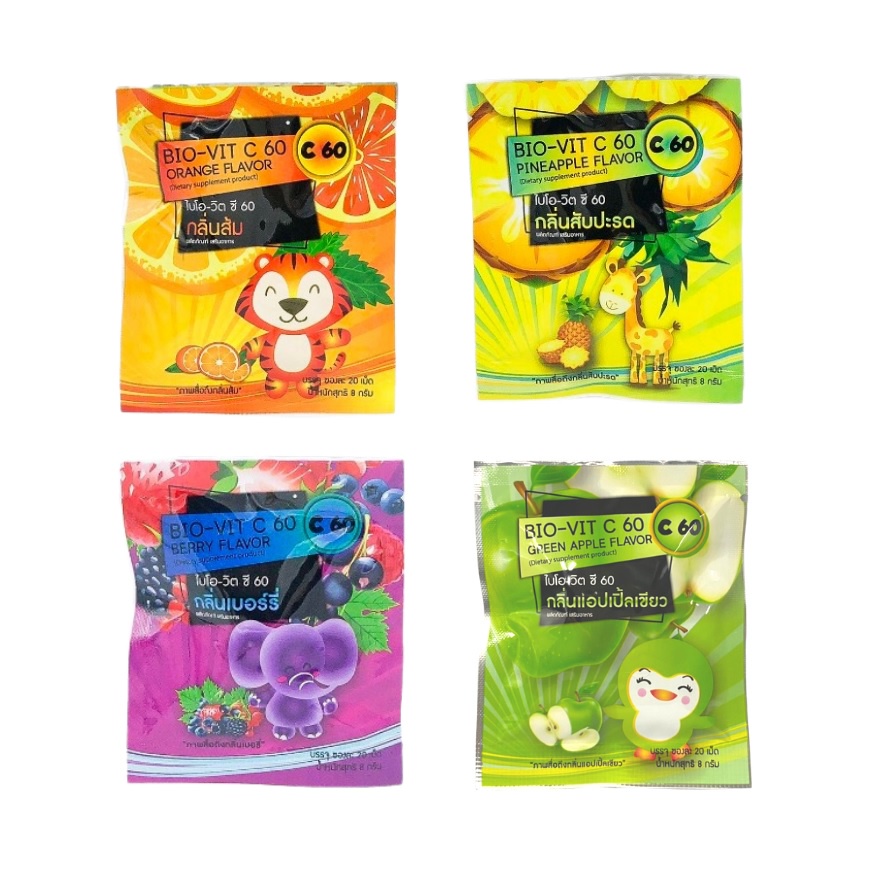 Biopharm Bio-Vit C 60 mg ไบโอ วิตซี วิตามินซี สำหรับอม ของเด็ก จำนวน 1 ซอง กลิ่นเบอร์รี่ / ส้ม / สับ