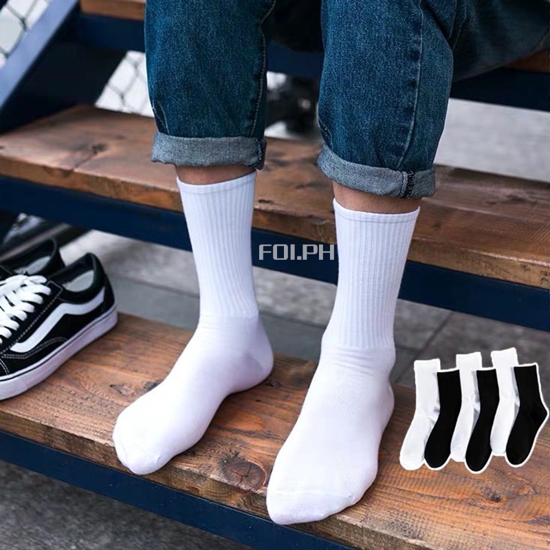 [พร้อมส่ง] ถุงเท้ากีฬา ข้อยาว ผ้าฝ้าย สีดํา ขาว สําหรับผู้ชาย นักเรียน 1 คู่