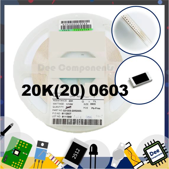 20K Ohm (20) 0603 ±1% 100 mW ±100ppm/℃ 0603WAF2002T5E ROYAL OHM  1-A2-32 (1 แพ็ค มี 100 ชิ้น)