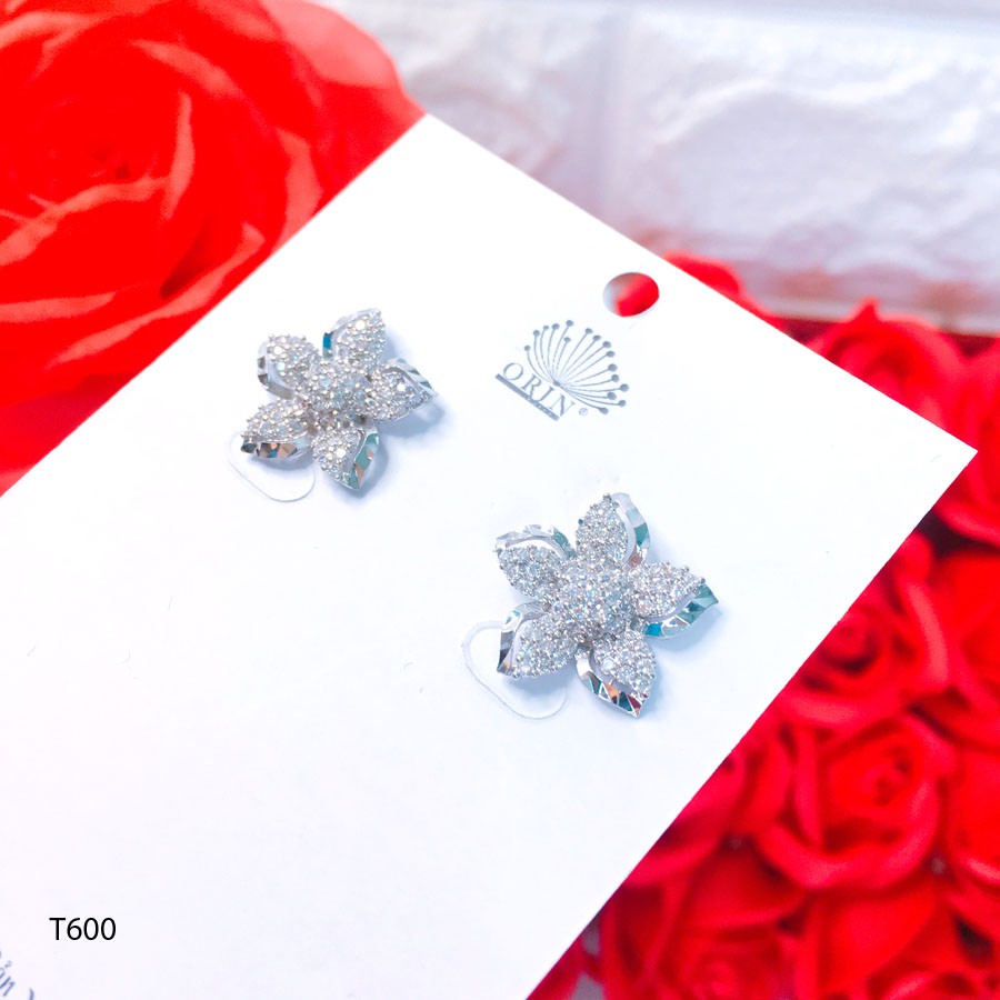 Orin T600 ต่างหูเงินดีไซน์ระดับไฮเอนด์ต่างหูดอกไม้แอปริคอท 5 กลีบพร้อมหิน