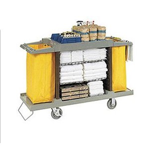 รถเข็นแม่บ้านโรงแรม (Housekeeping Carts)-รุ่นมีชั้นวางของและถุงขยะซ้าย-ขวา (รถเข็นสีเทา-ถุงขยะPVCสีเหลือง)