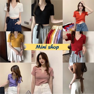 Mini Shop🌸 พร้อมส่ง (9157) เสื้อครอปไหมพรม แขนสั้น ดีเทลเว้าผูกหลัง