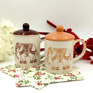 🍵🐘 SPP – LYCHANG แก้ว พร้อมฝา เซรามิค ชากาแฟ ทรงกระบอก แก้วมัค ลายไทย ลายช้าง Thai Elephant Mug w/ Lid