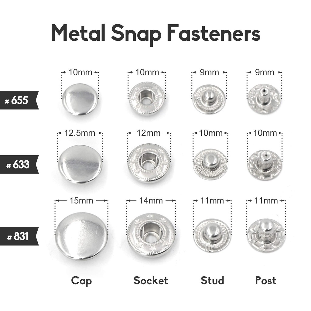 50 ชุด Multi-Size Silver Color Metal Snap Fasteners Press Studs Snap Buttons 10mm #655, 12.5มม #633, 15มม #831
