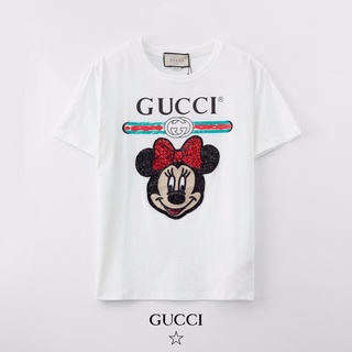 Guccis∮ ฤดูร้อนครอบครัวGใหม่วรรคเดียวกันเย็บปักถักร้อยเลื่อมมิกกี้แขนสั้นเสื้อยืดหญิงเกาหลีผ้าฝ้ายหลวมป่าด้านบน