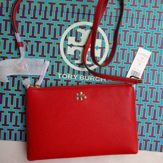 🎀 (สด-ผ่อน) กระเป๋าสะพาย สีแดง 61385 Tory Burch Kira Pebbled Wallet Cross-Body Red Apple