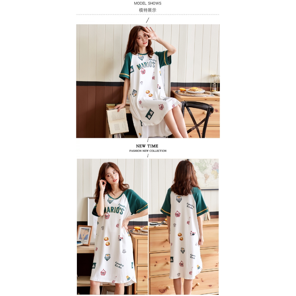 ชุดนอนเกาหลีสตรีชุดนอนผ้าฝ้ายฤดูร้อนบางน่ารักกลางความยาวสไตล์เกาหลีแขน ...