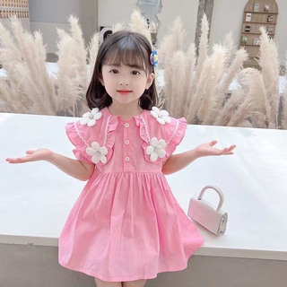 【ชุดเด็กผู้หญิง】ชุดเดรสกระโปรง แขนสั้น คอตุ๊กตา สไตล์เกาหลี สําหรับเด็กผู้หญิง 2023