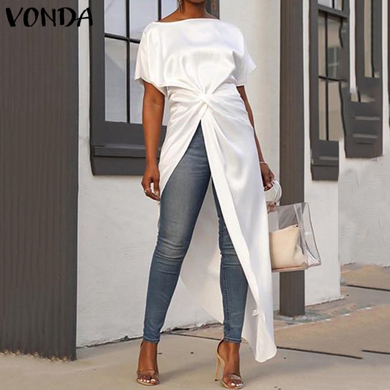 VONDA Women Casual Short SleeveHigh Low Hem Long Shirt