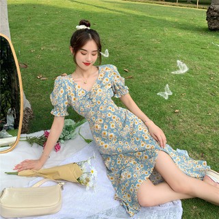 ☁พร้อมส่ง เดรสยาวลายดอกไม้ เดรสผ่าข้าง Floral Sleeve Dress เดรสสไตล์เกาหลี เดรสจั๊มอก