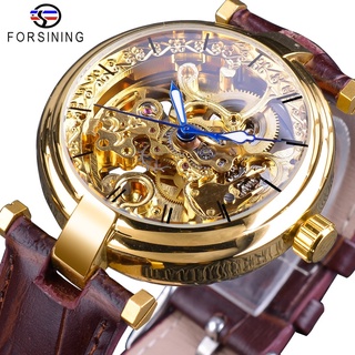 Forsining 2018 Golden Watches Fashion Blue Hands Mens Automatic Self-wind Watches Top Brand Brown Genuine Leather Lumino