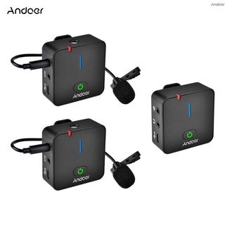 Andoer Mx5 2.4G ไมโครโฟนบันทึกเสียงไร้สาย (1 Reveiver + 2 Transmitters) พร้อมคลิปหนีบกล้องวิดีโอ 50M มีประสิทธิภาพในตัวชาร์จแบตเตอรี่ในตัว