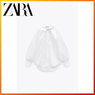 Zara เสื้อเชิ้ตแขนพัฟ สีขาว ทรงหลวม สําหรับผู้หญิง