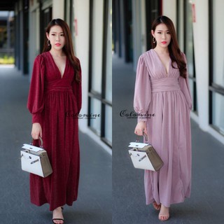 Maxi Dress แมกซี่เดรส ชุดเดรสยาว ชุดเดรสสีแดงกำมะหยี่ ชุดเดรสสีชมพู ชุดออกงาน ชุดเดรสสวย ชุดเดรสแขนยาว