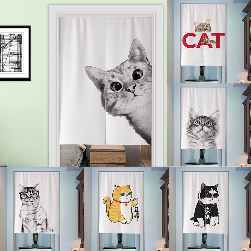 ผ้าม่าน ผ้าฝ้าย และผ้าลินิน พิมพ์ลายแมว มีสีดํา และสีขาว สําหรับตกแต่งประตูห้องนอน ห้องครัว