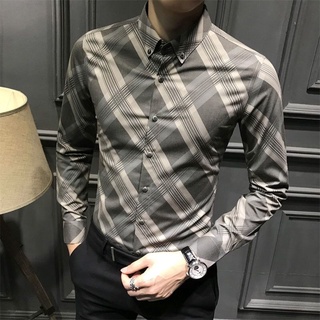 Men  Shirt Plaid Korean Autumn Long Sleeve Casual Slim Non-Iron Business Shirt M-4Xl