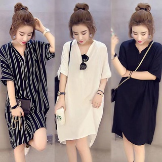 Women V-neck loose plus size short-sleeved stripe shirt dress