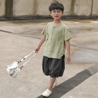 🎉Mykids✨2021 ใหม่ เสื้อเชิ้ตแขนสั้นเด็กสีทึบ กางเกงขาสั้น เทรนด์สองชิ้น