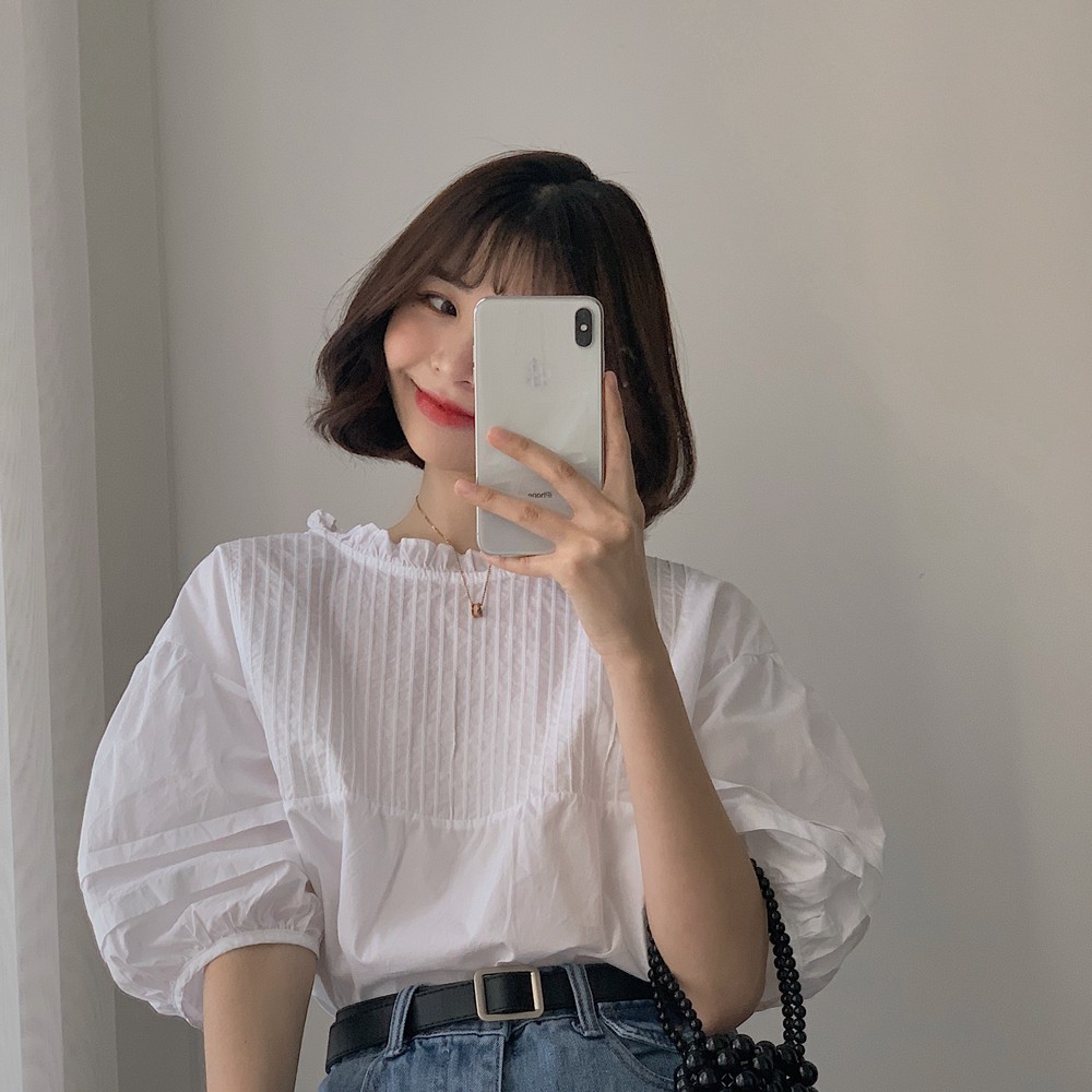 เสื้อเชิ้ต babydoll สีขาว แขนสั้น คอปกลูกไม้ และจับจีบหน้าอก - BBD15FG BROWN