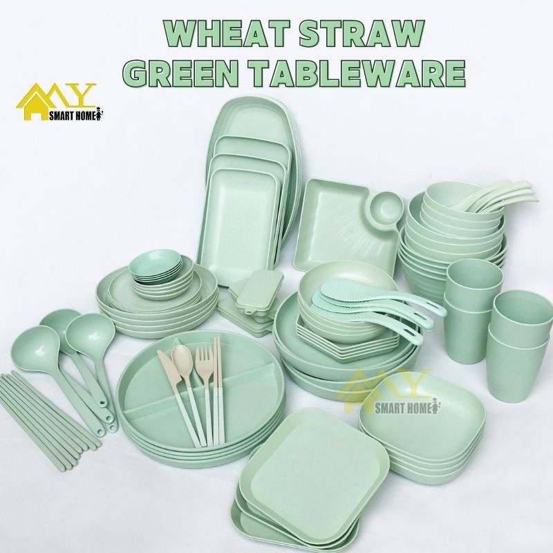 【พร้อมส่ง】เขียว ช้อนส้อม จานข้าวสาลี ชามข้าวสาลี ขนม จาน พลาสติก ชุดช้อนซ้อมตะเกียบ ช้อนส้อมตะเกียบ 