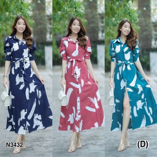 N3432Maxi dress เชิ๊ตลายขนนกแขนยาว ติดกระดุมด้านหน้า