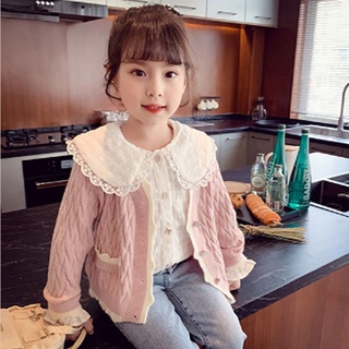 เสื้อสเวตเตอร์ถักเด็กผู้หญิง เสื้อคลุมคาร์ดิแกน เสื้อแจ็คเก็ตคอวีสไตล์เกาหลี