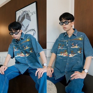 BEACH JEANS SHIRT เสื้อเชิ้ตยีนส์แขนสั้นโอเวอร์ไซส์ลายปัก