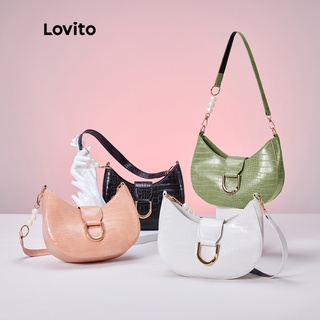 (พร้อมส่ง)Lovito หัวเข็มขัดโลหะ ลายหนังจระเข้ ประดับมุก หรูหรา L30BA02 (สีเขียวอ่อน ขาว ชมพู ดํา)