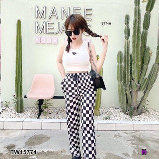 MF15774  set 2 ชิ้น เสื้อกล้ามทรงครอป ผ้าคอตตอน อกปักโลโก้ + กางเกงขายาว ทรงกระบอกเล็ก เอวยืดสม็อค ผ้าโพลีเอสเตอร์ลายตาร