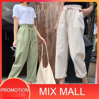 MixMall กางเกงขายาว กางเกงเอวยืดผูกเอว กางเกงทรงหลวม กางเกงขากระบอก Cotton Women Loose Wide Leg Pants Long Trouser