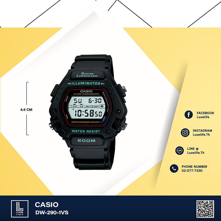 Casio- นาฬิกาข้อมือผู้ชาย สายเรซิน รุ่น DW-290-1VS - สีดำ