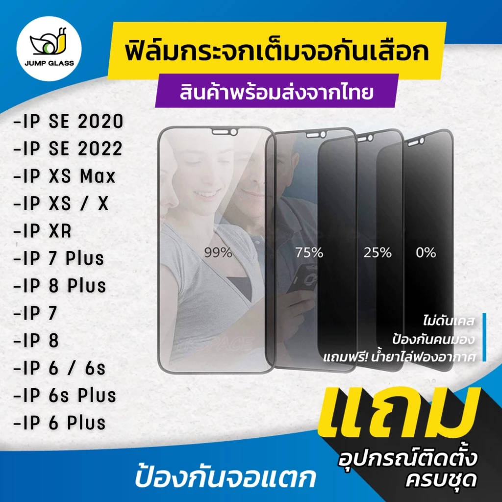 ฟิล์มกระจกนิรภัยเต็มจอกันเสือก สำหรับรุ่น iPhone 11/11 Pro/11 Pro Max/X/Xr/Xs Max/SE 2022/6 Plus/7 Plus/8 Plus/7/8/6/6s