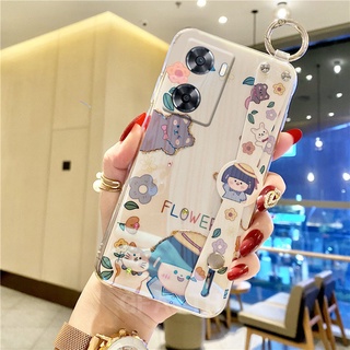 เคสโทรศัพท์ OPPO A57 4G 2022 / A77 5G / A96 4G / A76 New Fashion Soft Case Cute Cartoon Girls Wrist Strap Holder Bling Rhinestone Cover เคส OppoA57 OPPOA77