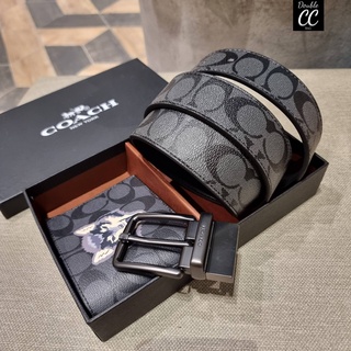 (แท้ 💯%‼ Factory) CO ACH F31522 DOUBLE BILLFOLD  WALLET IN SIGNATURE CANVAS WITH WOLF MOTIF WITH BELT MIX GIFT BOX SET