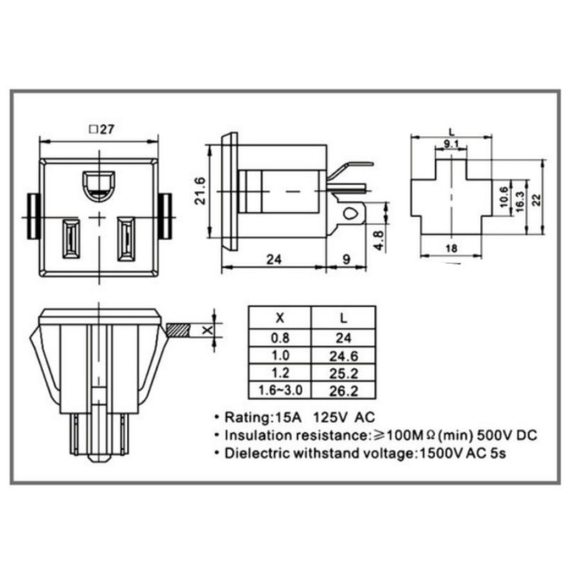 ปลั๊ก เต้ารับ ช่องเสียบไฟ AC ตัวเมีย 3ขา 3รู ขาแบน สำหรับติดตั้งกับอุปกรณ์อุตสาหกรรมและงาน DIY - รูปที่ 3